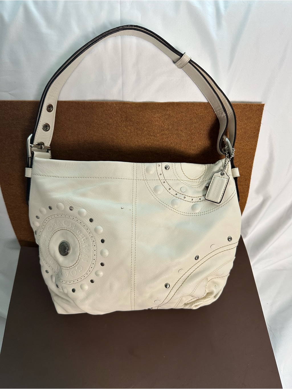 Coach Vintage Ivory Leather Studded Hobo Shoulder Bag